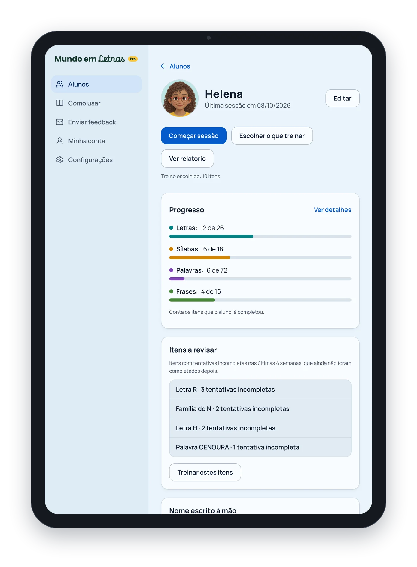 Perfil do aluno no app, com o progresso e os itens a revisar.