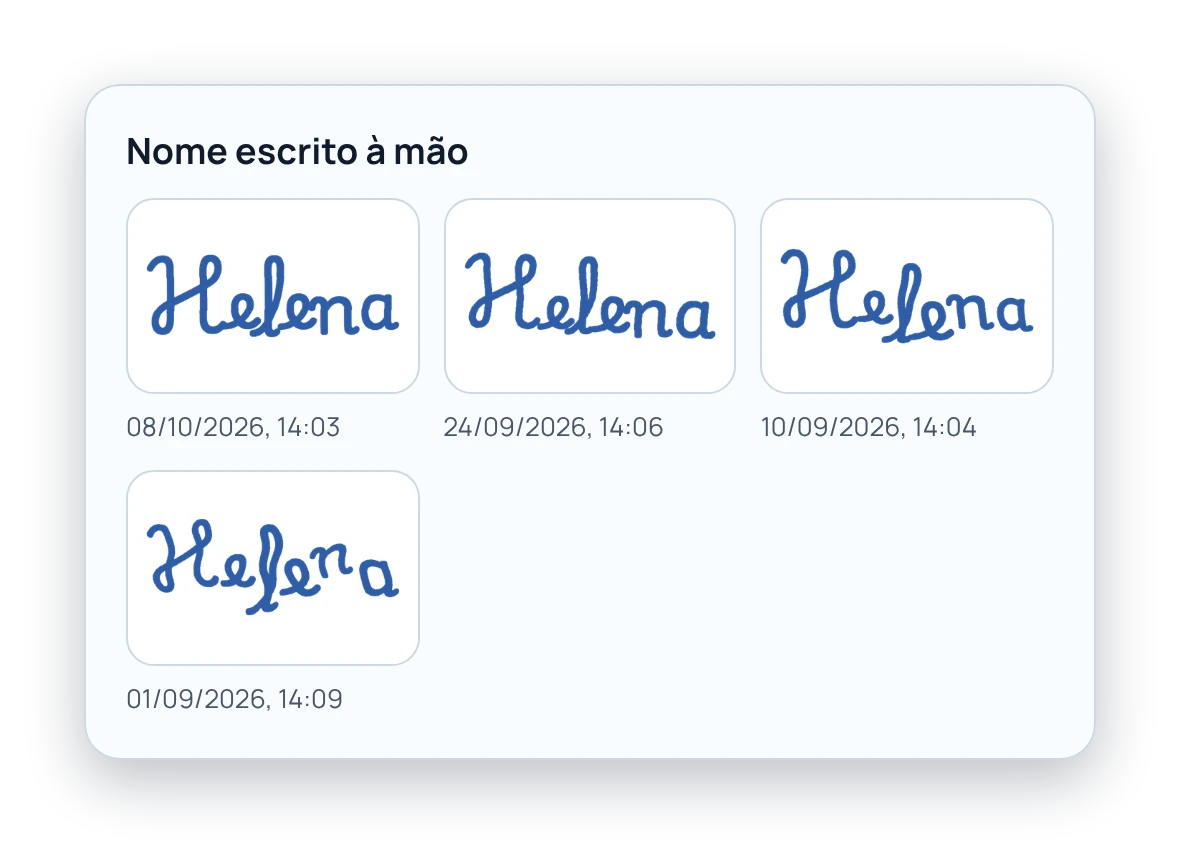 Cartão Nome escrito à mão, com quatro escritas e as datas.