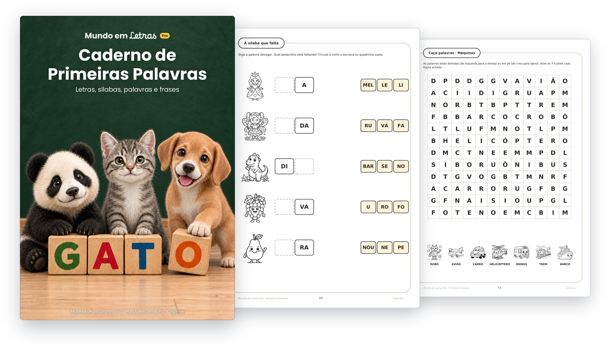 Capa e duas páginas do Caderno de Primeiras Palavras.