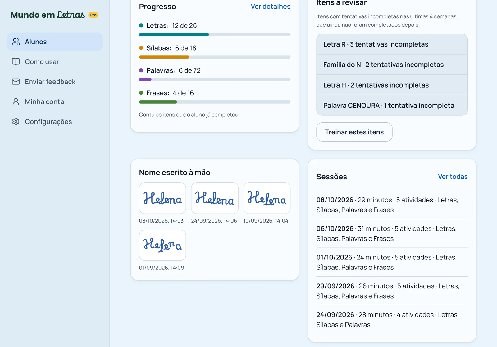 Perfil da aluna, com o progresso, os itens a revisar e o nome escrito à mão com a data e o horário.